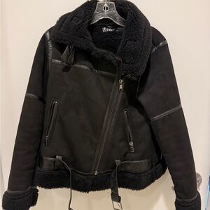 Zara Black Shearling Jacket with Zipper Accents